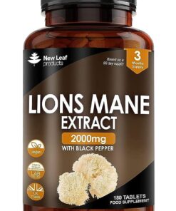 Lions Mane Mushroom Extract Supplement 2000mg - 180 High Strength Vegan Tablets with Black Pepper - (Not Powder or Capsules) Made in The UK by New Leaf Products